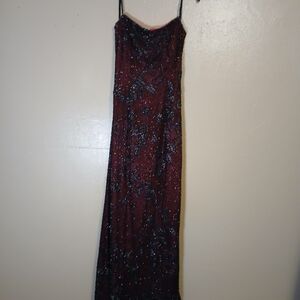 Vintage Silk Beaded Dress Womens Small Red Black Maxi 90s Gothic Grunge Fairy